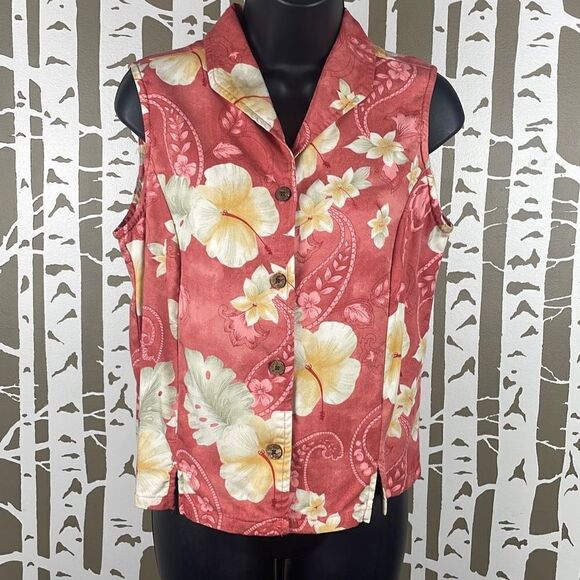 Caribbean Joe Vintage 90's Tropical Print Button Front Sleeveless Top M - Picture 1 of 7